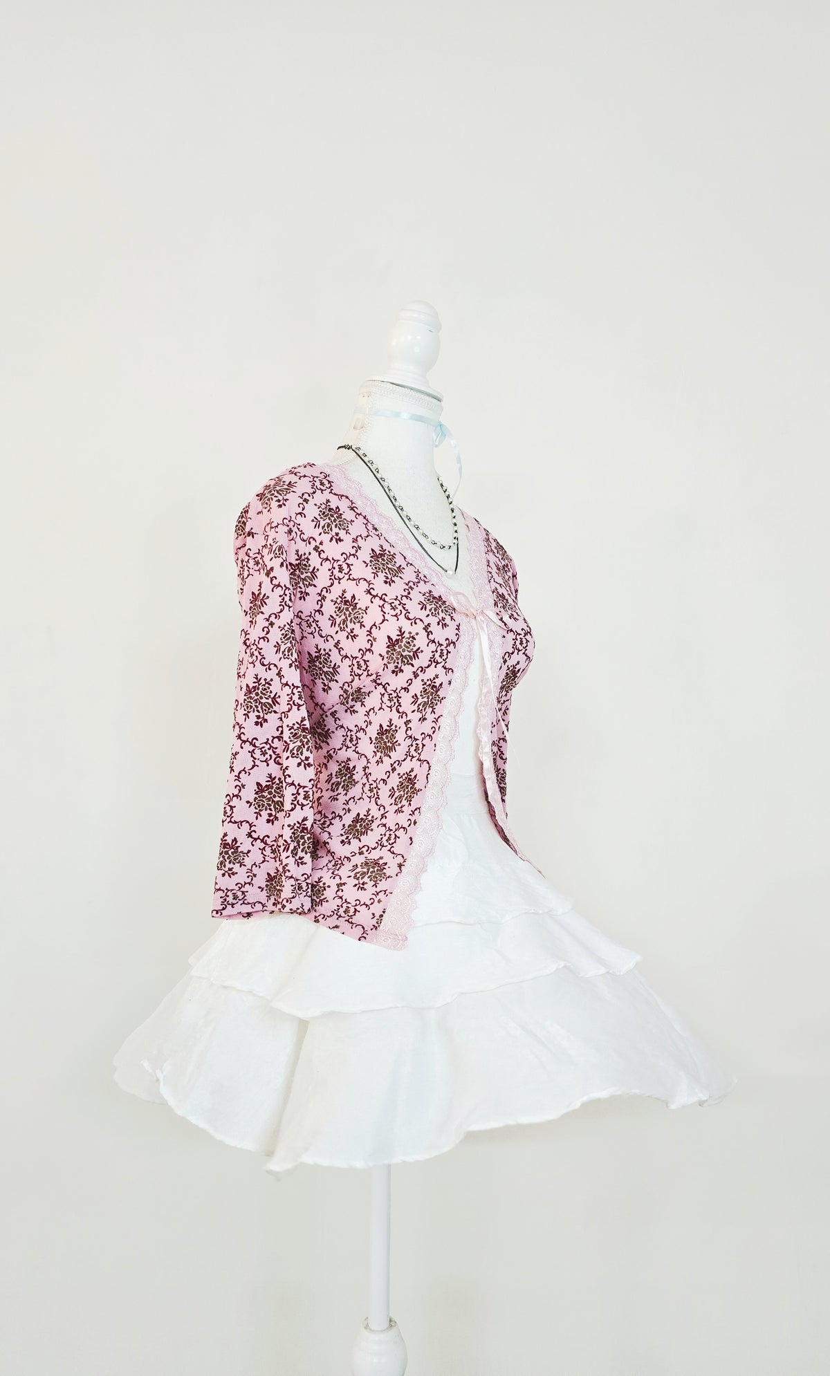 The Rose Damask Lace-Trim Tie Cardigan(Size - L)