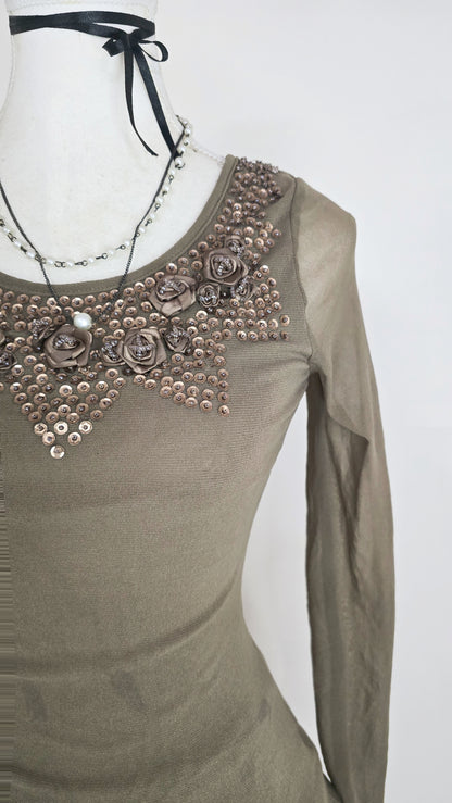 The Taupe Rosette Sequin Mesh Top(Size - M)