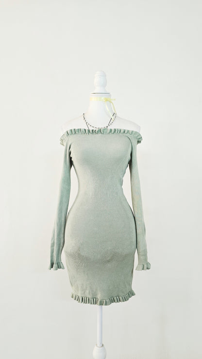 The Sage Dewdrop Off-Shoulder Knit Mini Dress(Size - S)