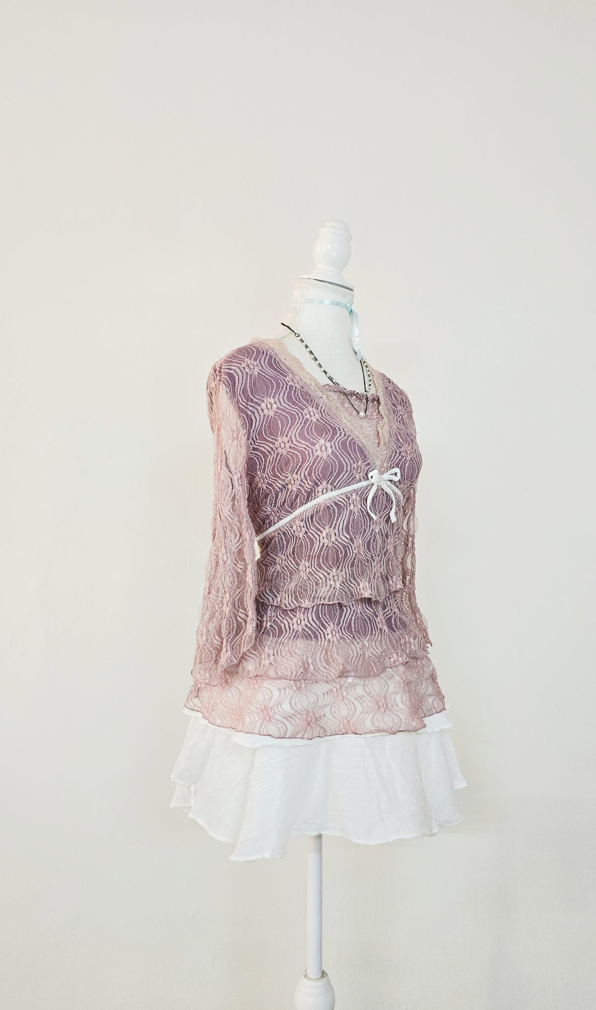 The Dusty Rose Ribbon Lace Tunic Top(Size - L)
