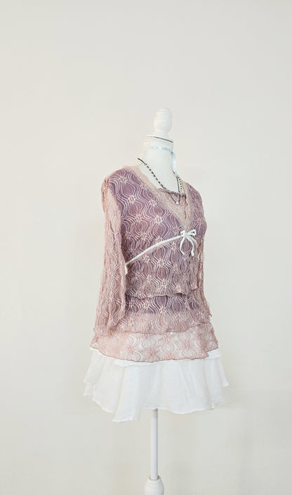 The Dusty Rose Ribbon Lace Tunic Top(Size - L)