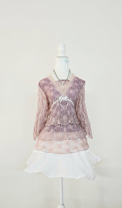 The Dusty Rose Ribbon Lace Tunic Top(Size - L)