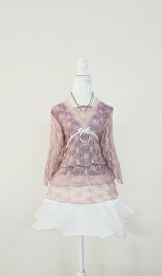 The Dusty Rose Ribbon Lace Tunic Top(Size - L)