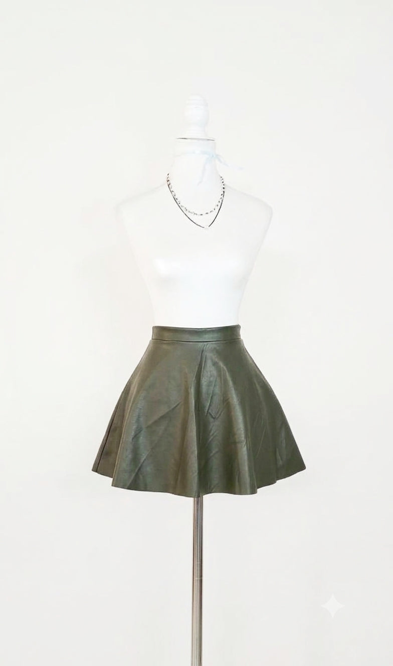 The Forest Moss Vegan Leather Skater Skirt(Size - XS)