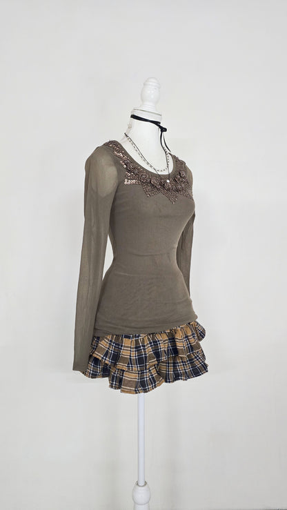 The Taupe Rosette Sequin Mesh Top(Size - M)