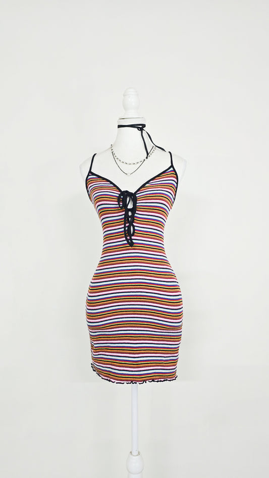 The Sunset Stripe Lace-Up Cami Mini Dress(Size - XS)