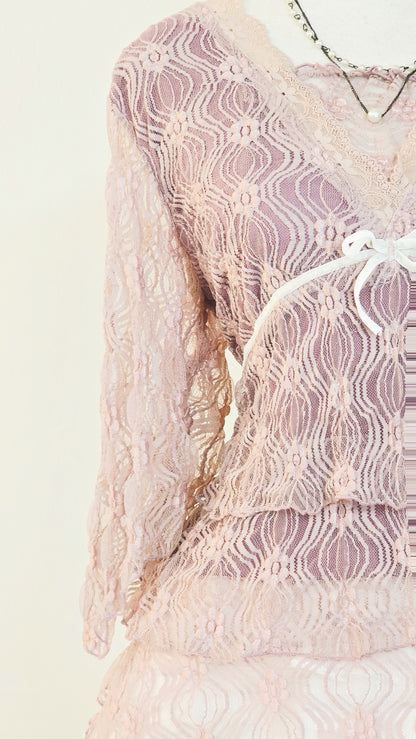 The Dusty Rose Ribbon Lace Tunic Top(Size - L)