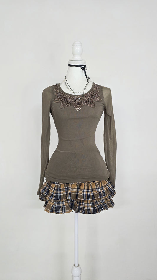 The Taupe Rosette Sequin Mesh Top(Size - M)