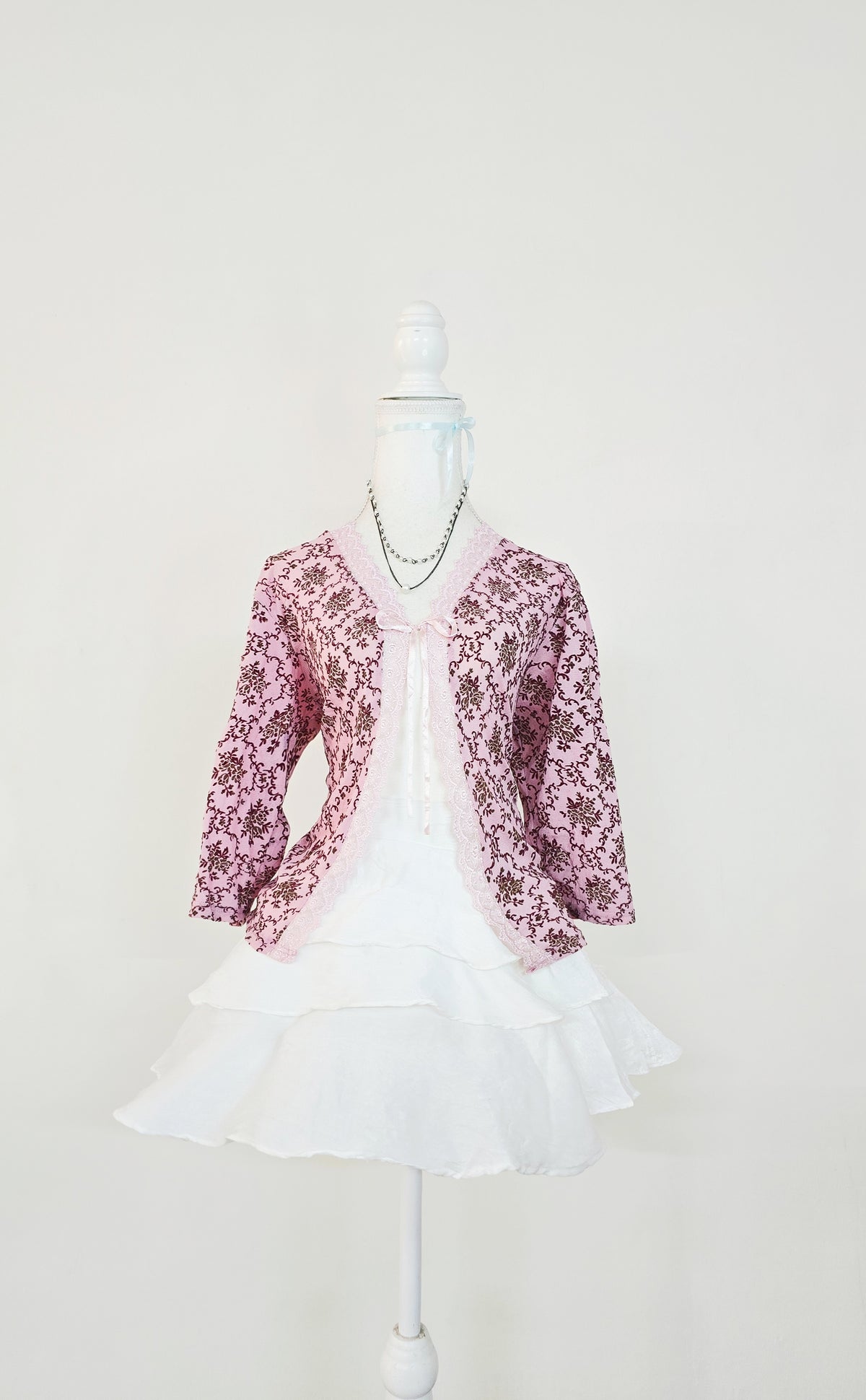 The Rose Damask Lace-Trim Tie Cardigan(Size - L)