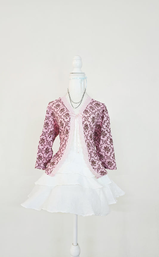 The Rose Damask Lace-Trim Tie Cardigan(Size - L)