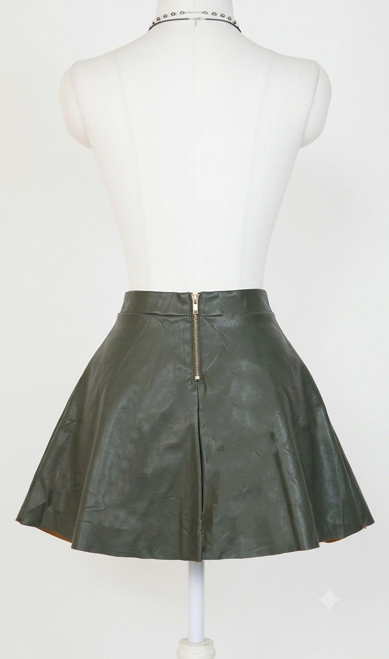 The Forest Moss Vegan Leather Skater Skirt(Size - XS)